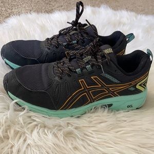 🌷 ASICS black teal and orange gel sneakers running shoes
